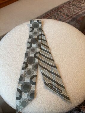 Coach Gray and Silver Silk Scarf with Signature Circle and Stripe Motifs